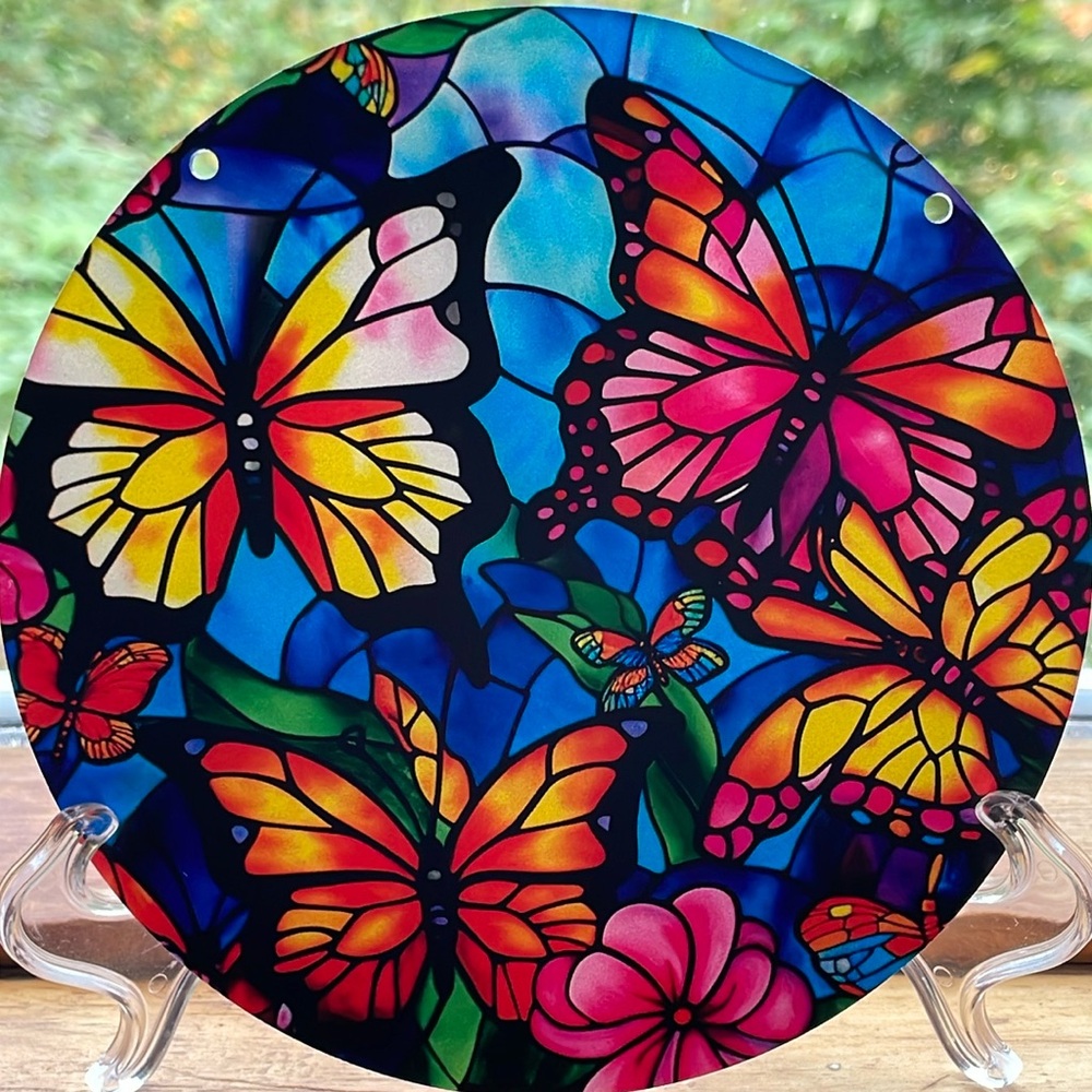 Butterfly Round Suncatcher Acrylic Decorative Home Decor Faux Stained Glass Gift